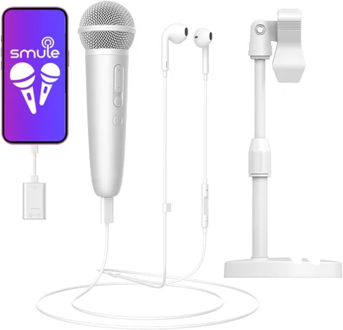 Vista 10 de Micrófono de canto con auriculares y soporte, ideal para grabación vocal, podcasting, transmisión en vivo, juegos, compatible con Smule & Starmaker