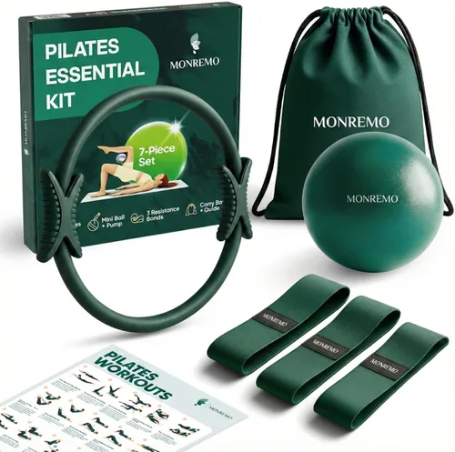 Kit de entrenamiento de pilates para el hogar, 7 piezas para mujer con anillo tonificante (círculo mágico), mini pelota y bandas de resistencia.