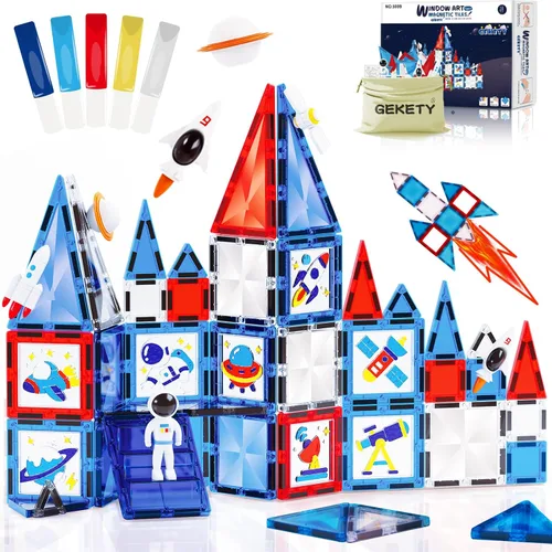 Azulejos magnéticos – Juego de 58 piezas de bloques de construcción con imanes espaciales – Juguetes sensoriales de viaje para niños pequeños –
