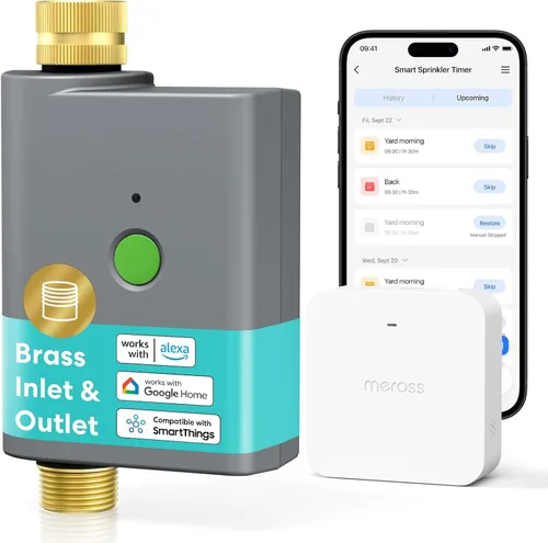 meross WiFi Water Timer for Garden Hose, Brass Inlet & Outet, Rain Skip