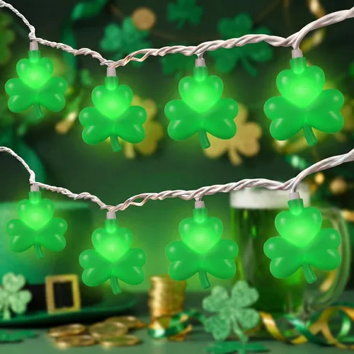 Guirnalda de luces de trébol, 8.5 pies para decoración del día de San Patricio con 10 luces de trébol verde, luces de hadas de trébol conectables