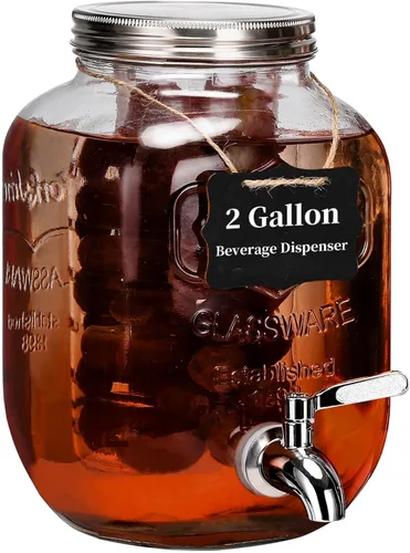 Dispensador de bebidas de 2 galones con grifo de acero inoxidable 18/8, tarro de vidrio de té solar para exteriores, dispensador de bebidas de