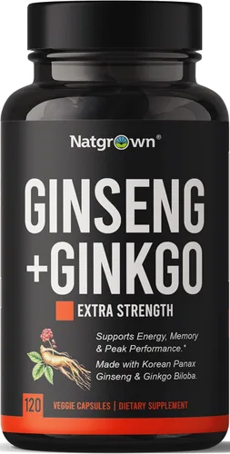 Natgrown Panax - Suplemento de ginseng y ginkgo biloba, cápsulas de ginseng coreano rojo y ginko biloba para hombres y mujeres, apoya el enfoque de