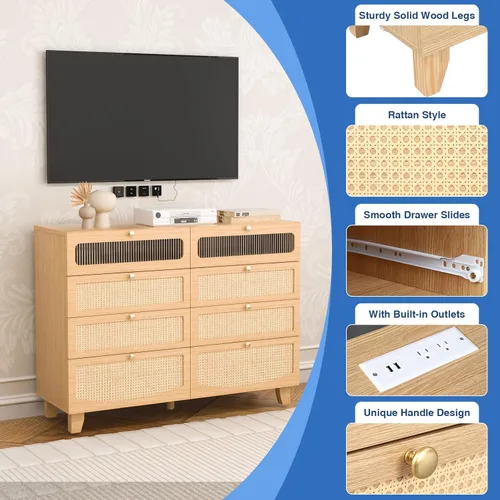 Vista 6 de Cómoda de ratán para dormitorio con 8 cajones, cómoda de madera con estación de carga y luces LED, cómoda bohemia y cómodas para dormitorio