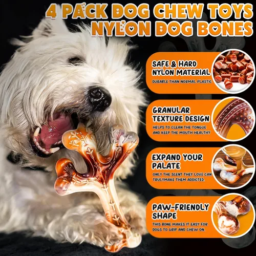 Vista 3 de Paquete de 4 juguetes masticables para perros para masticadores agresivos, huesos de nailon indestructibles con sabor a tocino, juguete masticable