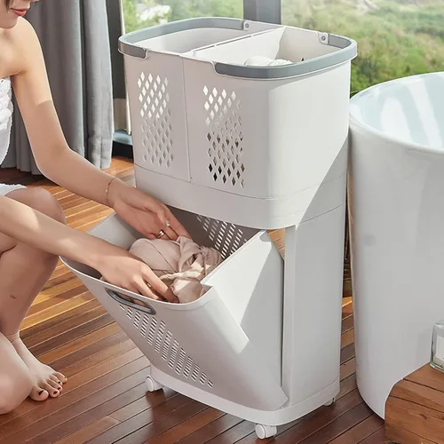 Vista 7 de Cesta de plástico para ropa sucia para el hogar, cesta de ropa con diseño dividido, cuerpo de cesta hueco y rueda universal