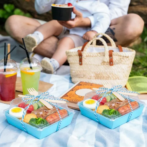 Vista 7 de Whaline Juego de 50 cajas de charcutería pequeñas azules con tapas, tenedores, cuchillos, mini caja de postre transparente de verano, recipientes