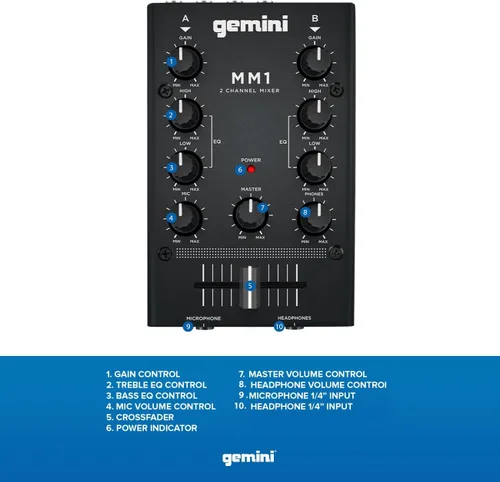 Vista 2 de Gemini - MM1 Mezcladora para DJ estéreo de 2 canales profesional. Compacta, con 2 bandas giratorias. Con fundido cruzado y control individual