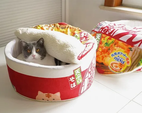 Vista 9 de Nido para gatos en forma de fideos instantáneos, sofá cama para gatos, lindo y cómodo, casa para mascotas, desmontable, multifuncional, suave, cama