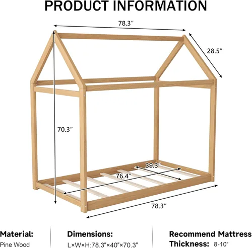 Vista 8 de Merax Cama de casa de madera, cama de piso con listones de madera, no necesita somier, tamaño individual, gris