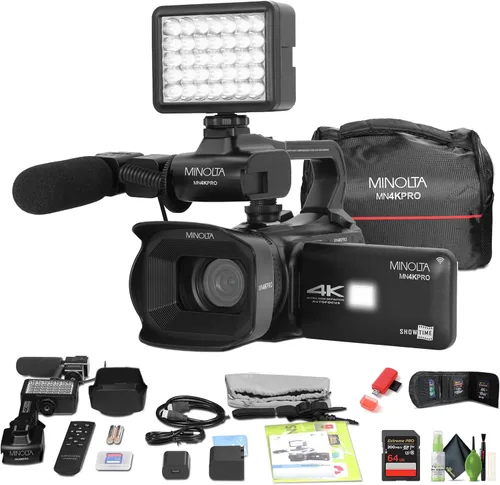 Minolta MN4KPRO 4K60FPS UHD 64 MP Autofocus Pro Kit de videocámara con paquete WiFi con tarjeta de memoria de 64 GB + kit de limpieza + cartera de