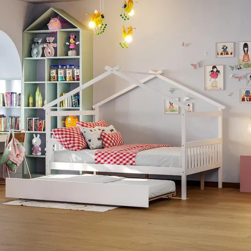 Vista 23 de Merax Cama de tamaño individual de madera estilo casa con valla, marco de cama de madera con techo y barandilla de seguridad para niños, Blanco