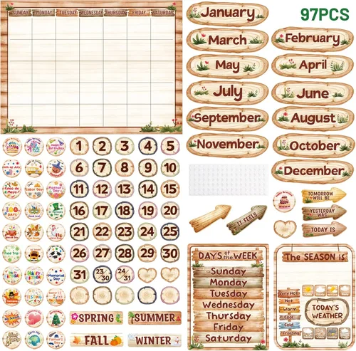 Vista 2 de Fancy Land Juego de tablones de anuncios con calendario rústico para aula, diseño de grano de madera, decoración de tablón de anuncios para aula, 97