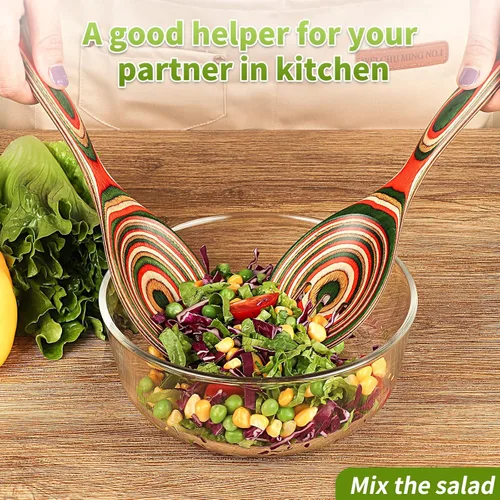 Vista 6 de Pinzas de ensalada, cucharas de madera, pinzas para servir, juego de utensilios de cocina de cocina de 10 pulgadas de madera de Pakka