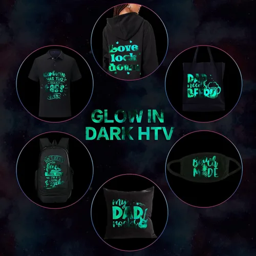 Vista 4 de Tintnut Vinilo de transferencia de calor que brilla en la oscuridad HTV - 12x10 pulgadas 6 hojas Vinilo luminiscente de galaxia Vinilo termoadhesivo