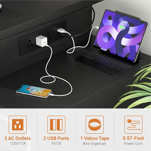 Vista 8 de Escritorio para computadora con 2 cajones de tela - Escritorio reversible de oficina en casa con toma de corriente y luces LED, escritorio