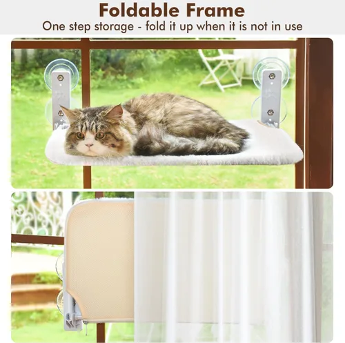 Vista 4 de AMOSIJOY Percha de ventana inalámbrica para gato, hamaca para gato para pared con 4 fuertes ventosas de succión, estructura de metal sólido