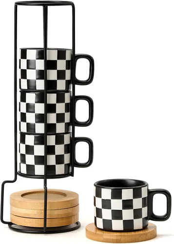 LUKA Tazas de Porcelana Apilables a Cuadros Blancos y Negros para Espresso con Platillos y Soporte de Metal, Juego de Tazas Pequeñas de Cerámica