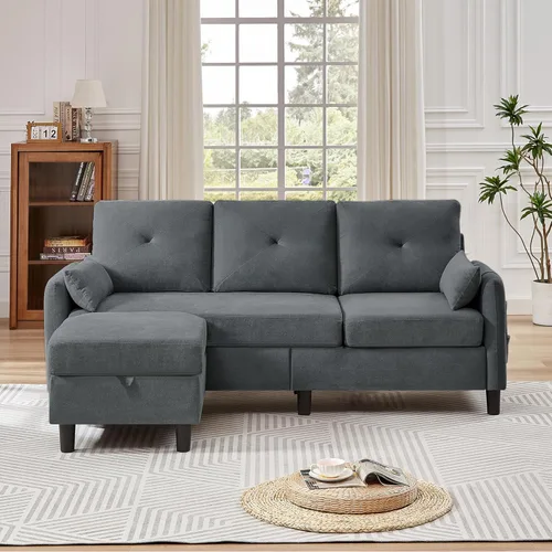 Vista 6 de Sofá modular convertible de 77 pulgadas, sofá en forma de L de 3 plazas con otomana, moderno sofá tapizado de lino para sala de estar, apartamento