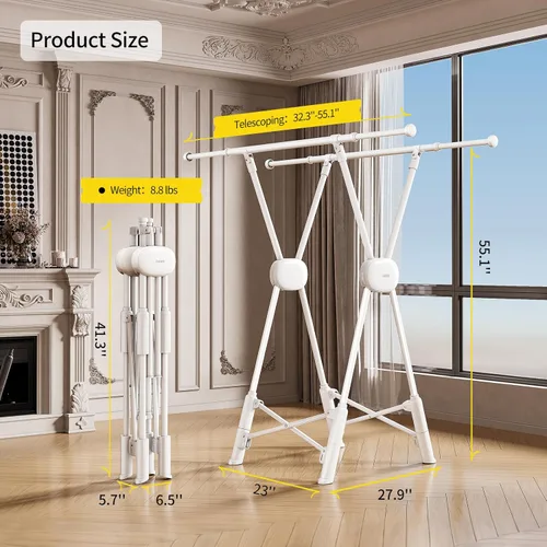 Vista 6 de BIREN Tendedero de Secado de Ropa Resistente Percheros de Ropa Tendedero de Lavandería Extensible Dos Modos de Secado Percheros para Secar Ropa