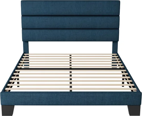 Vista 10 de WEEWAY Base de cama tamaño individual con cabecera tapizada de tela de lino y soporte de listones de madera, base de colchón resistente, no necesita