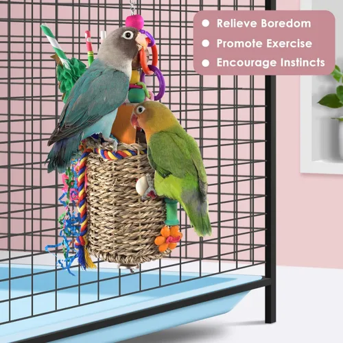 Vista 6 de KATUMO Juguetes para pájaros, cesta de hierba loro y trituración para periquitos, cacatúas, conures, accesorios para jaulas de pájaros pequeños