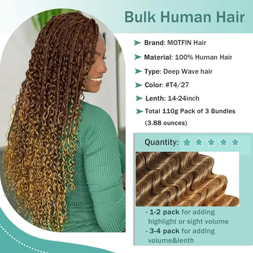Vista 35 de Cabello Humano para Trenzar para Trenzas Boho 3 Paquetes/Pack 110g (3.88 oz) 14 Pulgadas Cabello Humano a Granel Ondulado Profundo para Trenzar