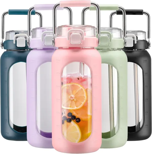 Vista 20 de BLUEGO Botella de agua de vidrio de 64 onzas con mango de acero inoxidable, botella de agua grande con marcadores de tiempo y funda de silicona
