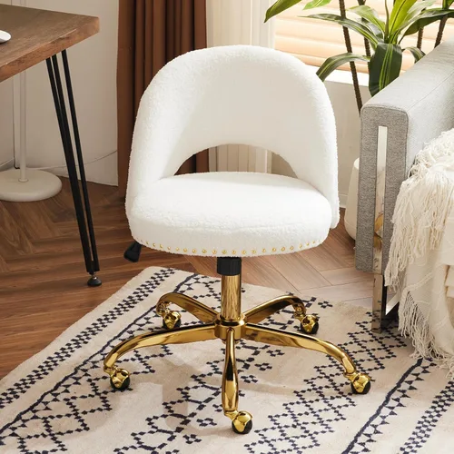 Vista 16 de VINGLI Silla de Oficina Pequeña de Terciopelo Moderna, Linda Silla de Escritorio con Ruedas, Base/Tachuelas Doradas, Cómoda Silla Giratoria sin