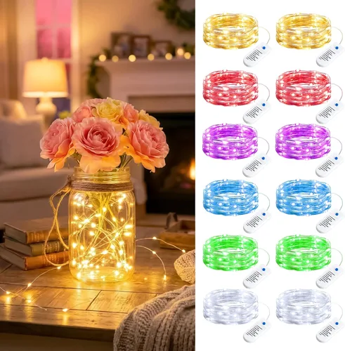 Vista 13 de Minetom Paquete de 20 luces de hadas que funcionan con pilas, 8 modos y temporizador, 7 pies, 20 LED, 6 colores, impermeable, alambre plateado