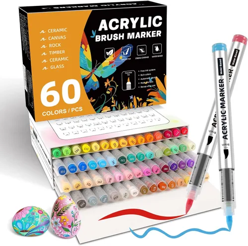 Marcadores de pintura acrílica de 60 colores, marcadores con punta de pincel suave con sistema de control automático de tinta, marcadores de pintura