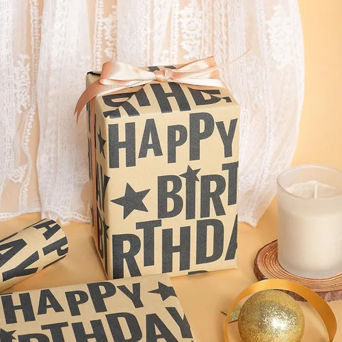 Vista 6 de RUSPEPA Rollo de papel de regalo de cumpleaños, mini rollo, texto de feliz cumpleaños negro en negrita con diseño de estrellas, papel de regalo