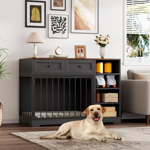 Muebles de jaula para perros de 47 pulgadas, soporte de TV de jaula para perros grandes con 2 cajones y 4 estantes, perrera de madera para
