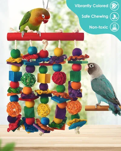 Vista 3 de DBNESS - Juguetes para pájaros, juguete masticable multicolor natural, bloques de madera natural, pájaros, loros, juguetes desgarradores con bolas
