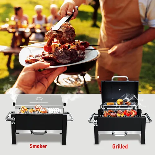 Vista 2 de BBQCuker Parrilla de carbón portátil con rejilla de calentamiento, parrilla de carbón de mesa, pequeña parrilla de barbacoa con termómetro