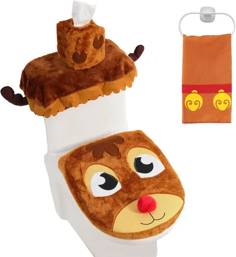Vista 9 de JOYIN Juego de 5 piezas de decoración de baño con temática navideña con funda de asiento de inodoro, alfombras, funda para tanque, funda de caja