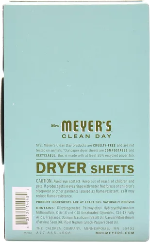 Vista 3 de Mrs. Meyer's Clean Day Hojas de secadora, suaviza la tela, reduce la estática, fórmula libre de crueldad, aroma a albahaca, 80