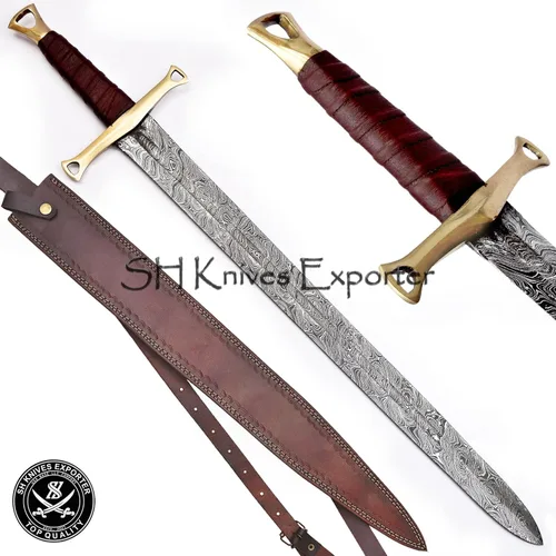 Vista 2 de Espada de polietileno de acero de Damasco forjado hecho a mano de 37 pulgadas, listo para la batalla, espiga completa con vaina, mango de cuero