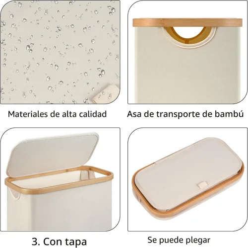 Vista 3 de Cesta de lavandería delgada con ruedas, cestas estrechas para lavandería, cesta de lavandería independiente con tapa y asas de bambú, cesta de tela