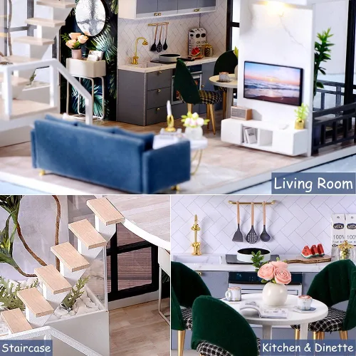 Vista 5 de TuKIIE Kit de casa de muñecas en miniatura con muebles, a escala 1:24, casa de muñecas de madera con accesorios, a prueba de polvo, con música