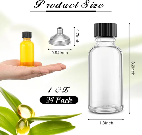 Vista 3 de Hsei Botella de vidrio de 1 oz con tapa negra, botella redonda Boston transparente para muestras, recipientes de vidrio pequeños con tapas y embudo