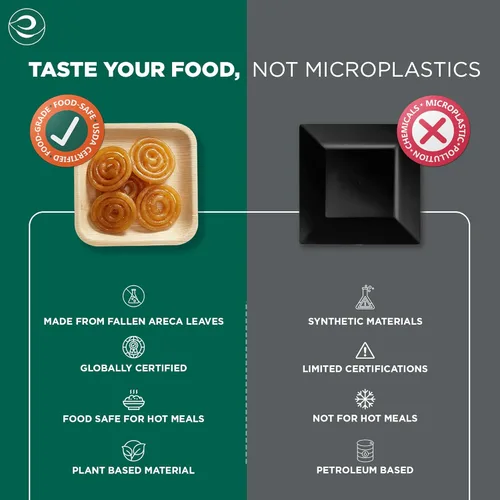 Vista 5 de ECO SOUL Platos de Hoja de Palma de 6" Cuadrados (50 Unidades) – Desechables, Ecológicos, Platos de Aperitivo de Bambú Biodegradables – Vajilla