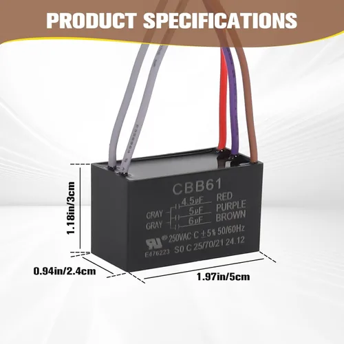 Vista 3 de Podoy Condensador de ventilador de techo CBB61 5 cables para compatible con New Tech 4.5uf+5uf+6uf 250VAC (paquete de 2)