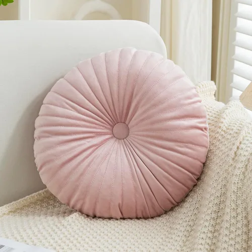 Vista 12 de Teieas - Almohada redonda de terciopelo plisada para decoración, cojín redondo para sofá, silla, cama, coche, burdeos