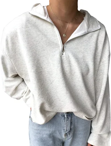 LAVASEON Sudadera de gran tamaño con solapa y media cremallera para mujer, color sólido, casual, manga larga, recortada