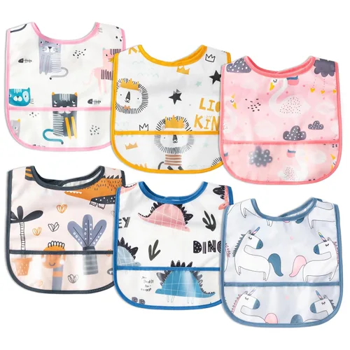 Vista 14 de 6 piezas de baberos impermeables para niños pequeños con bolsillo recogemigas, juego de baberos para bebés con ajuste para dientes de leche, baberos