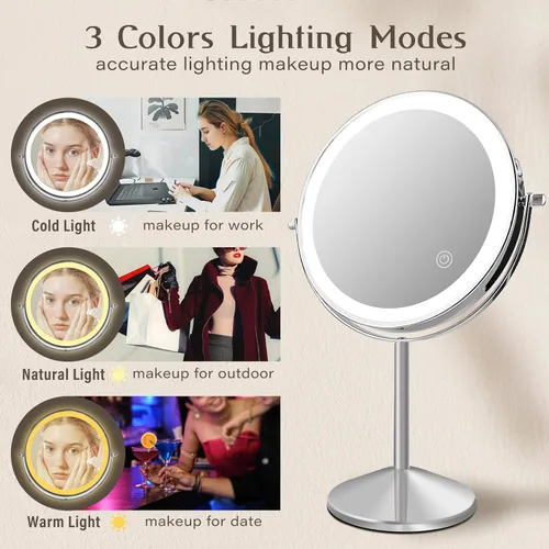 Vista 2 de Ysenchan Espejo de maquillaje iluminado, espejo de aumento LED recargable de 8 pulgadas, espejo de manipulación 5X de doble cara con soporte
