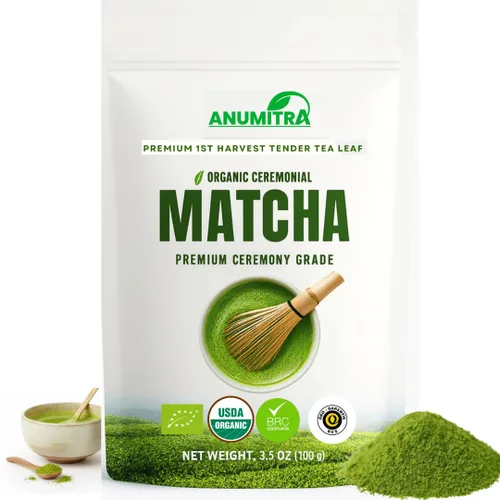 ANUMITRA Polvo de té verde matcha de grado ceremonial prémium – USDA orgánico, sin gluten, vegano, 100% puro, sin azúcar, sin aditivos, bolsa de