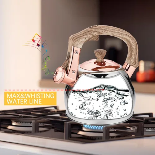 Vista 2 de Hervidor de té de acero inoxidable para estufa con mango ergonómico a prueba de calor y silbato de 2.5 cuartos