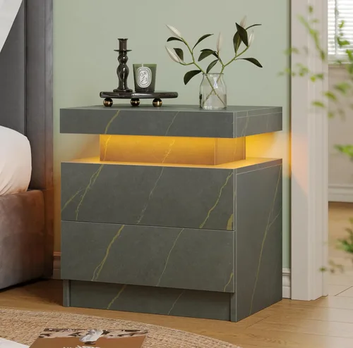 Vista 11 de Mesita de noche LED blanca moderna, mesa de cabecera para dormitorio, mesa auxiliar con 2 cajones de madera Blanco profundo